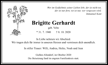 Traueranzeige von Brigitte Gerhardt von Giessener Allgemeine, Alsfelder Allgemeine