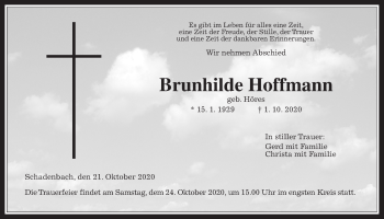 Traueranzeige von Brunhilde Hoffmann von Alsfelder Allgemeine