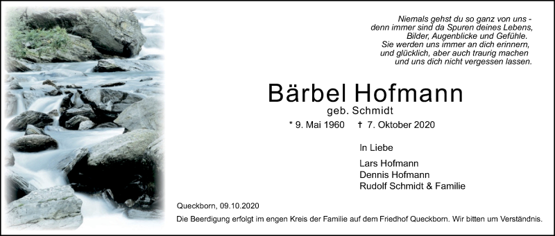  Traueranzeige für Bärbel Hofmann vom 09.10.2020 aus Giessener Allgemeine, Alsfelder Allgemeine