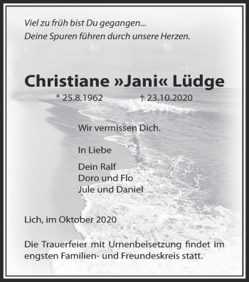 Traueranzeige von Christiane Lüdge von Licher Wochenblatt