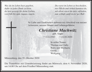 Traueranzeige von Christiane Machwitz von Licher Wochenblatt