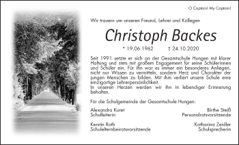 Traueranzeige von Christoph Backes von Giessener Allgemeine, Alsfelder Allgemeine