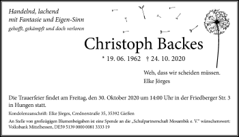 Traueranzeige von Christoph Backes von Giessener Allgemeine, Alsfelder Allgemeine