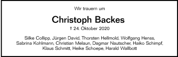 Traueranzeige von Christoph Backes von Giessener Allgemeine, Alsfelder Allgemeine