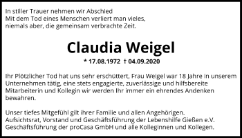 Traueranzeige von Claudia Weigel von Giessener Allgemeine, Alsfelder Allgemeine