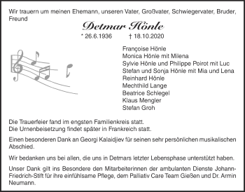 Traueranzeige von Detmar Hönle von Licher Wochenblatt