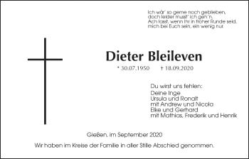 Traueranzeige von Dieter Bleileven von Giessener Allgemeine, Alsfelder Allgemeine