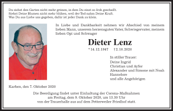 Traueranzeige von Dieter Lenz von Wetterauer Zeitung