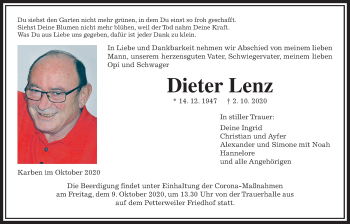 Traueranzeige von Dieter Lenz von Bad Vilbel/Karben