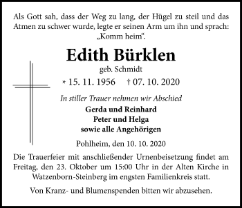 Traueranzeige von Edith Bürklen von Giessener Allgemeine, Alsfelder Allgemeine
