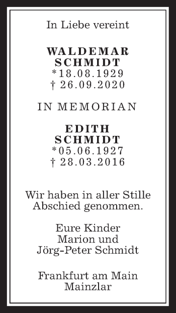 Traueranzeige von Edith Schmidt von Giessener Allgemeine, Alsfelder Allgemeine