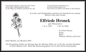Traueranzeige von Elfriede Hronek von Wetterauer Zeitung