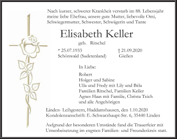Traueranzeige von Elisabeth Keller von Mücker Stimme