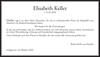 Traueranzeige von Elisabeth Keller von Giessener Allgemeine, Alsfelder Allgemeine