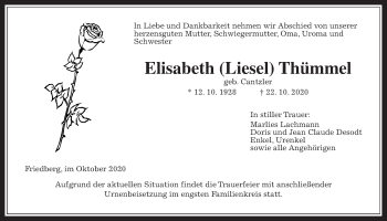 Traueranzeige von Elisabeth Thümmel von Wetterauer Zeitung
