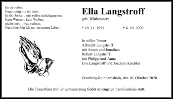Traueranzeige von Ella Langstroff von Giessener Allgemeine, Alsfelder Allgemeine