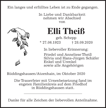 Traueranzeige von Elli Theiß von Giessener Allgemeine, Alsfelder Allgemeine