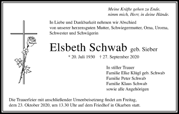 Traueranzeige von Elsbeth Schwab von Bad Vilbel/Karben