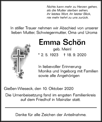 Traueranzeige von Emma Schön von Giessener Allgemeine, Alsfelder Allgemeine