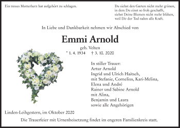 Traueranzeige von Emmi Arnold von Giessener Allgemeine, Alsfelder Allgemeine