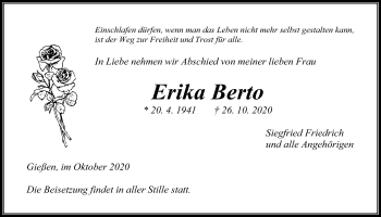 Traueranzeige von Erika Berto von Giessener Allgemeine, Alsfelder Allgemeine