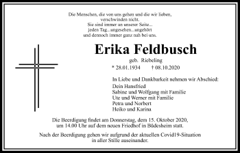Traueranzeige von Erika Feldbusch von Bad Vilbel/Karben