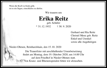 Traueranzeige von Erika Reitz von Giessener Allgemeine, Alsfelder Allgemeine