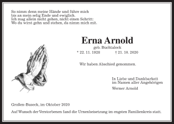 Traueranzeige von Erna Arnold von Giessener Allgemeine, Alsfelder Allgemeine