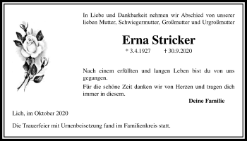 Traueranzeige von Erna Stricker von Licher Wochenblatt