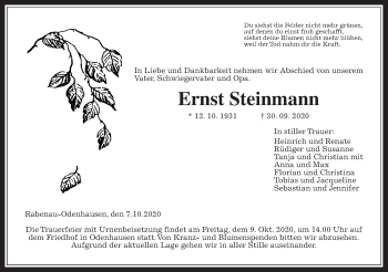 Traueranzeige von Ernst Steinmann von Giessener Allgemeine, Alsfelder Allgemeine