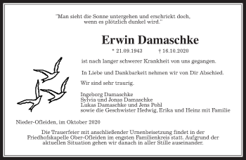 Traueranzeige von Erwin Damaschke von Alsfelder Allgemeine