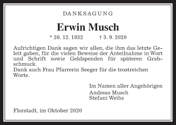 Traueranzeige von Erwin Musch von Wetterauer Zeitung
