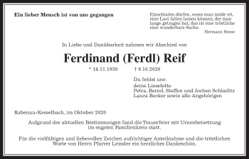 Traueranzeige von Ferdinand Reif von Rabenauer Zeitung