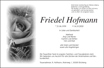 Traueranzeige von Friedel Hofmann von Giessener Allgemeine, Alsfelder Allgemeine