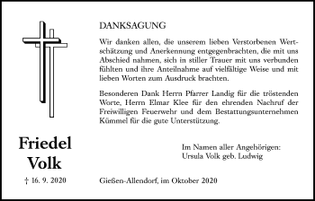 Traueranzeige von Friedel Volk von Giessener Allgemeine, Alsfelder Allgemeine