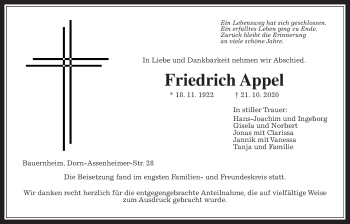 Traueranzeige von Friedrich Appel von Wetterauer Zeitung