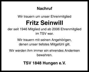 Traueranzeige von Fritz Seinwill von Licher Wochenblatt
