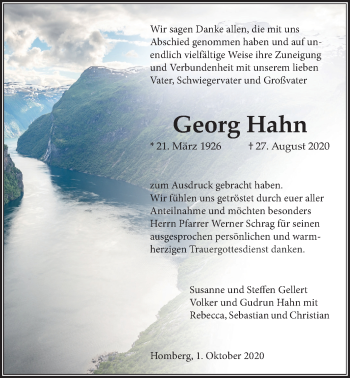 Traueranzeige von Georg Hahn von Alsfelder Allgemeine