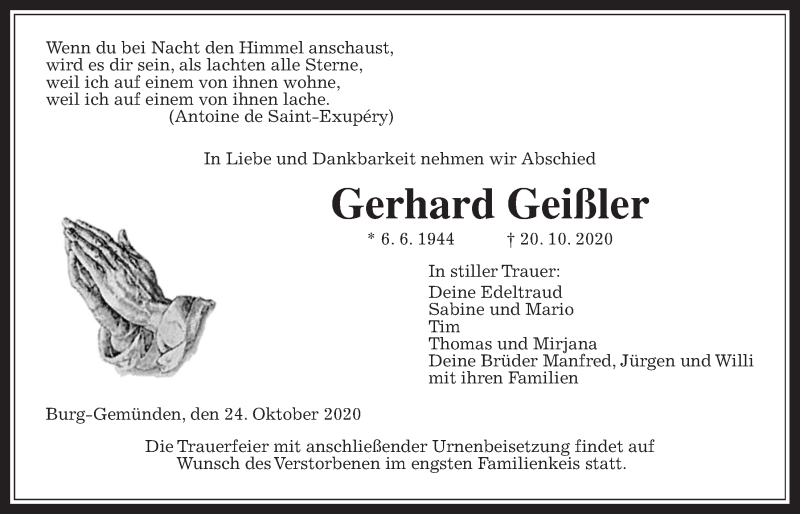  Traueranzeige für Gerhard Geißler vom 24.10.2020 aus Alsfelder Allgemeine