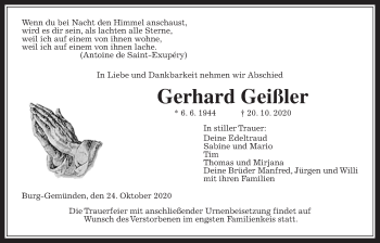 Traueranzeige von Gerhard Geißler von Alsfelder Allgemeine