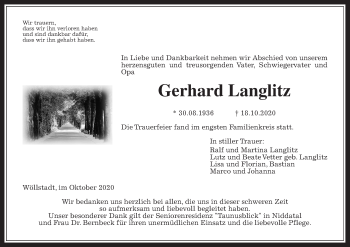 Traueranzeige von Gerhard Langlitz von Wetterauer Zeitung