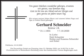 Traueranzeige von Gerhard Schneider von Wetterauer Zeitung, Giessener Allgemeine, Alsfelder Allgemeine