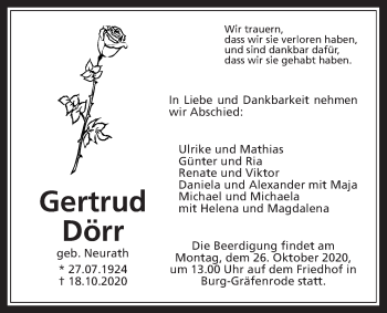 Traueranzeige von Gertrud Dörr von Wetterauer Zeitung