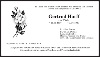 Traueranzeige von Gertrud Harff von Wetterauer Zeitung