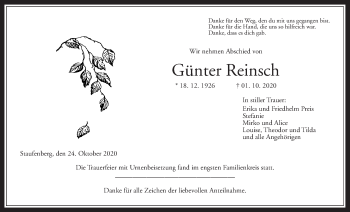 Traueranzeige von Günter Reinsch von Giessener Allgemeine, Alsfelder Allgemeine