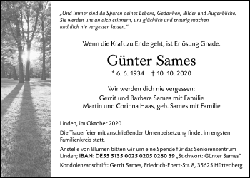 Traueranzeige von Günter Sames von Giessener Allgemeine, Alsfelder Allgemeine