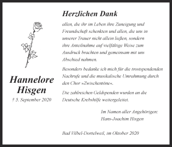 Traueranzeige von Hannelore Hisgen von Bad Vilbel/Karben