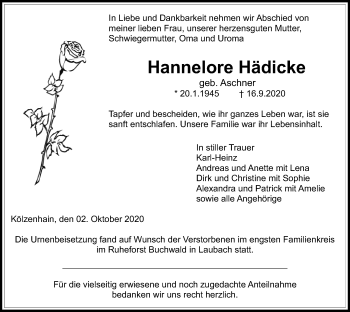 Traueranzeige von Hannelore Hädicke von Alsfelder Allgemeine