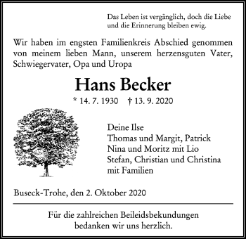 Traueranzeige von Hans Becker von Giessener Allgemeine, Alsfelder Allgemeine