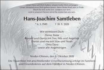 Traueranzeige von Hans-Joachim Samtleben von Mücker Stimme